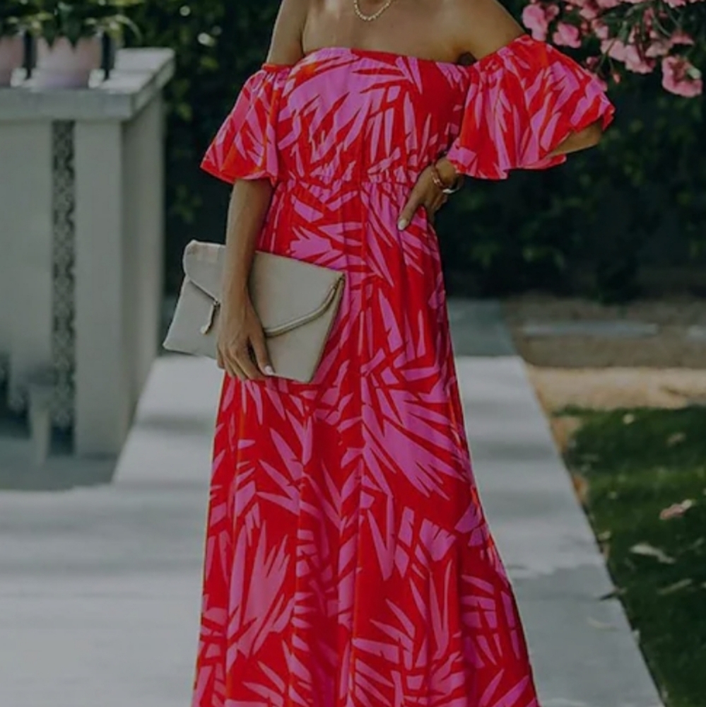 VICI TROPICAL PRINT RED AND PINK OFF THE SHOULDER MAXI DRESS